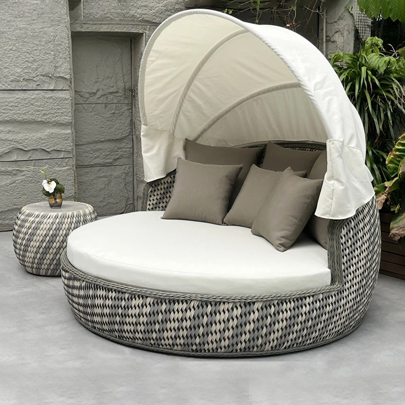 Outdoor Daybed Furniture - เตียงนอนกลางวัน, โซฟาหวายทรงกลมกันรังสียูวี, โซฟาหวายแบบมีหลังคา, เตียงอาบแดดกลางแจ้ง, เฟอร์นิเจอร์สระว่ายน้ำโรงแรมแบบสั่งทำพิเศษ